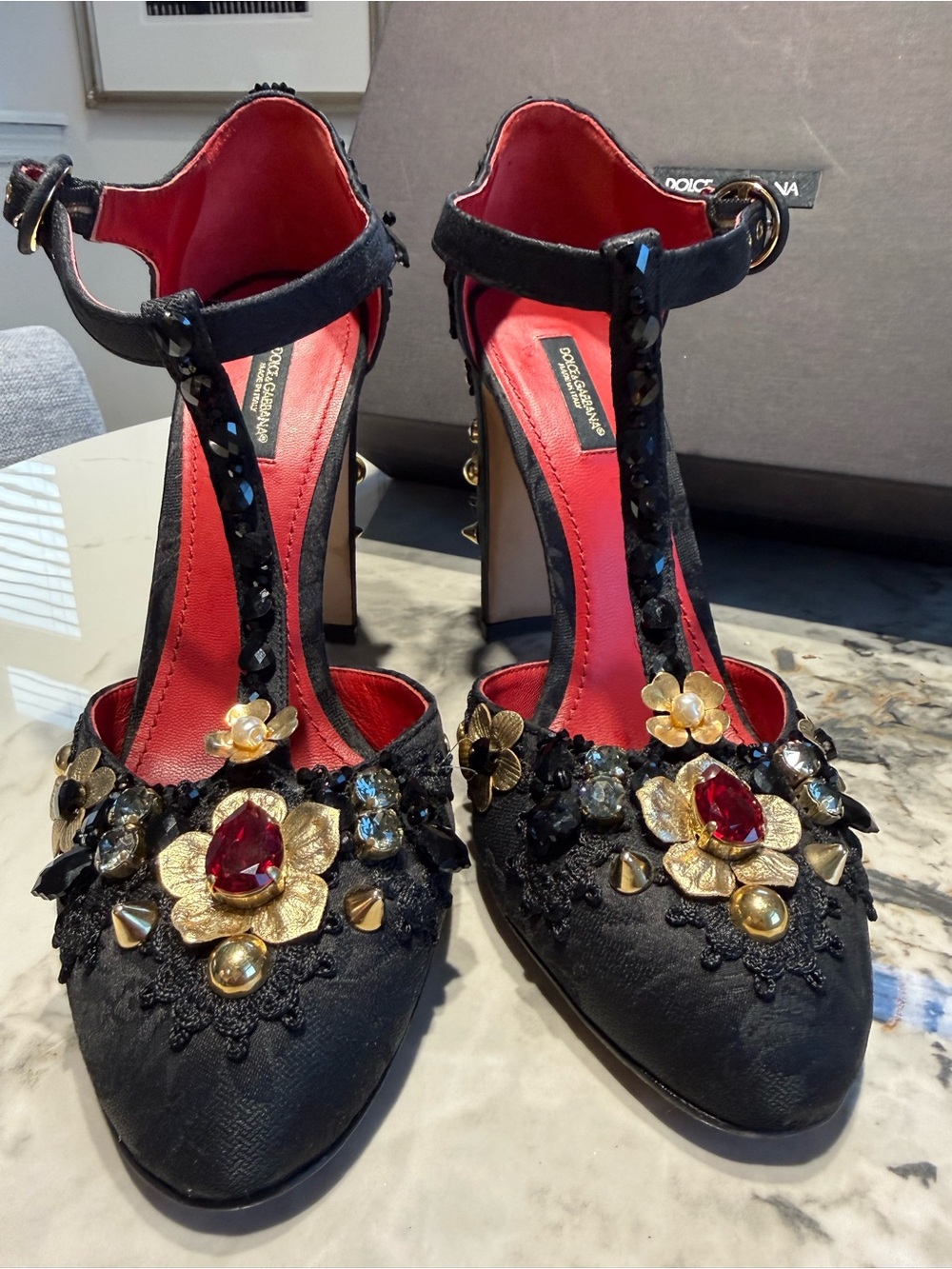 Dolce & Gabbana Black and Red Jewel-Embellished T-Strap Heels. RUNWAY